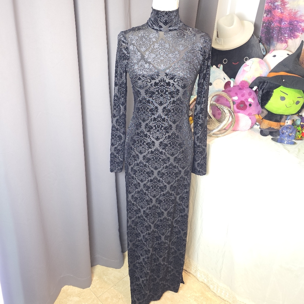 Paige Lucca Dress S Black Velvet Burnout Damask Mock Neck Long Sleeve Maxi NWT